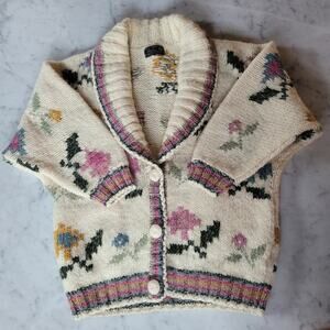 VTG Dobrila Cardigan Pockets Floral Chunky Wool Handknit Yugoslav Cowichan M/L